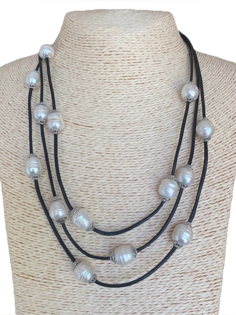 Lucas Lameth Multi Strand Freshwater Pearl Leather Necklace Sterling Clasp
